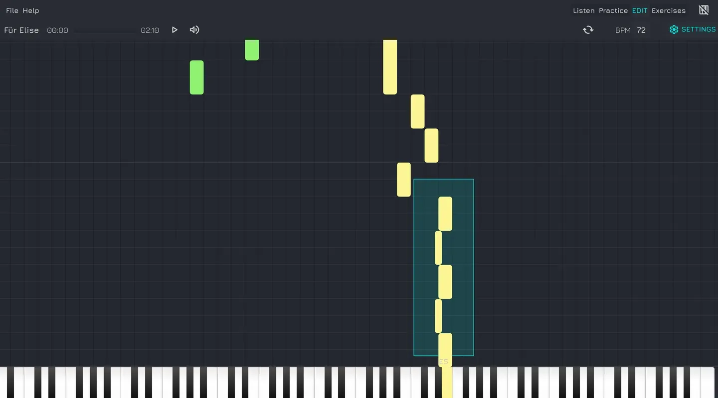 Editing a MIDI file in Vitzik: a selection rectangle dragged across a run of notes on the piano roll grid