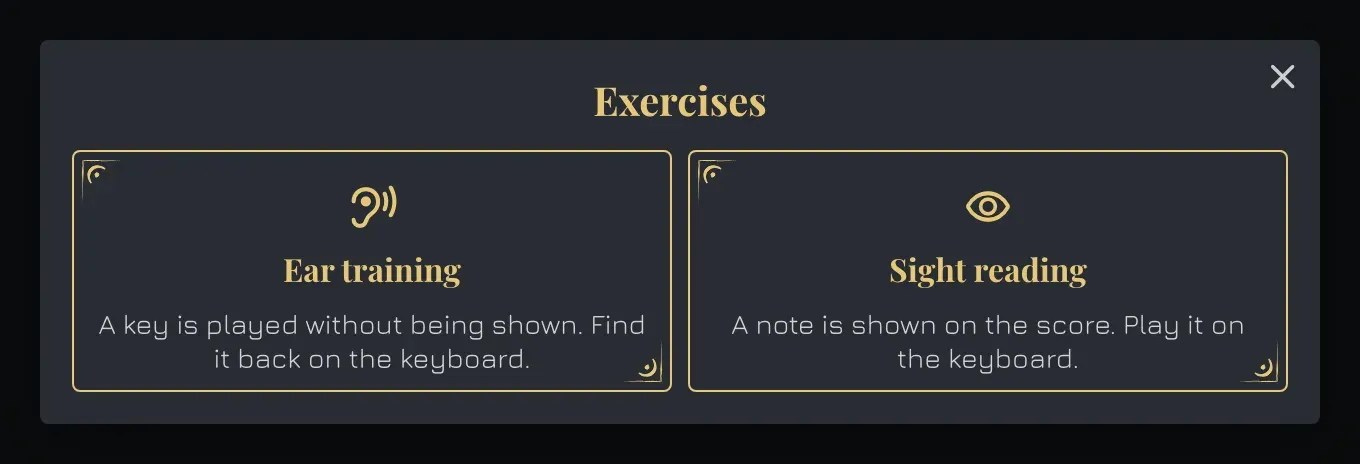 The Vitzik exercises menu offering ear training and sight reading