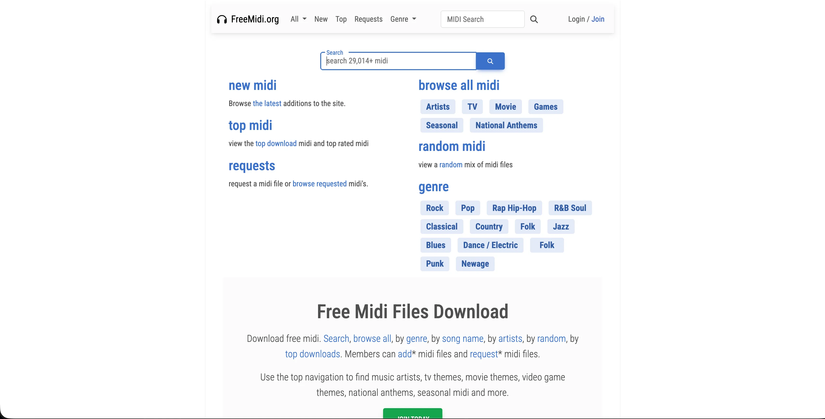 The FreeMidi.org homepage with a search box reading Search 29,014+ midi, sections for new, top and requested files, and genre buttons for rock, pop, rap hip-hop, R&B soul, classical, country, folk, jazz, blues, dance, punk and newage