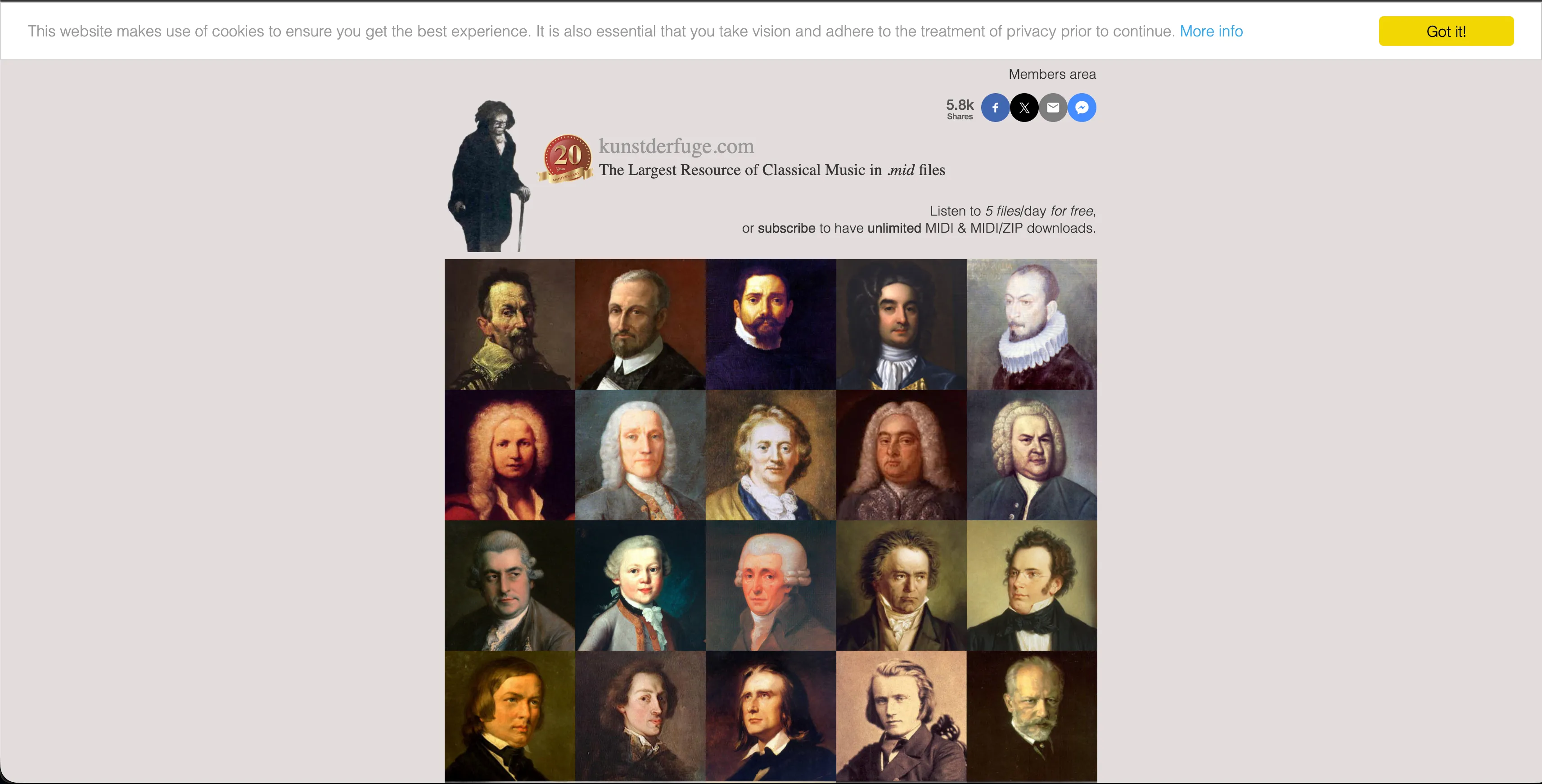 The kunstderfuge.com homepage, subtitled The Largest Resource of Classical Music in .mid files, offering five free files a day or a subscription for unlimited downloads, above a grid of painted composer portraits including Bach, Mozart, Beethoven, Schubert, Chopin and Liszt
