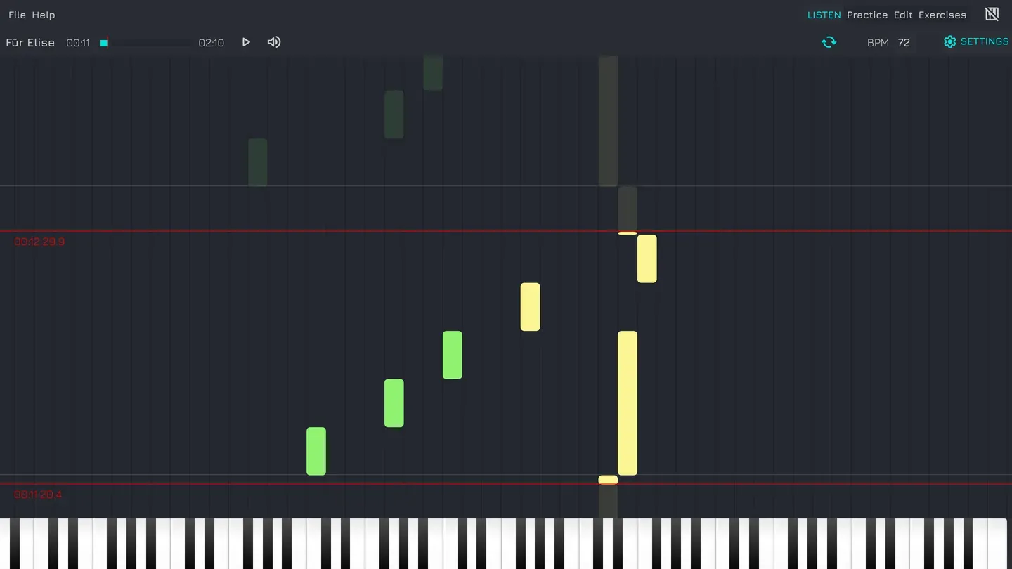 A loop set between two red markers in the Vitzik visualizer, with the notes inside the looped section highlighted and the rest dimmed