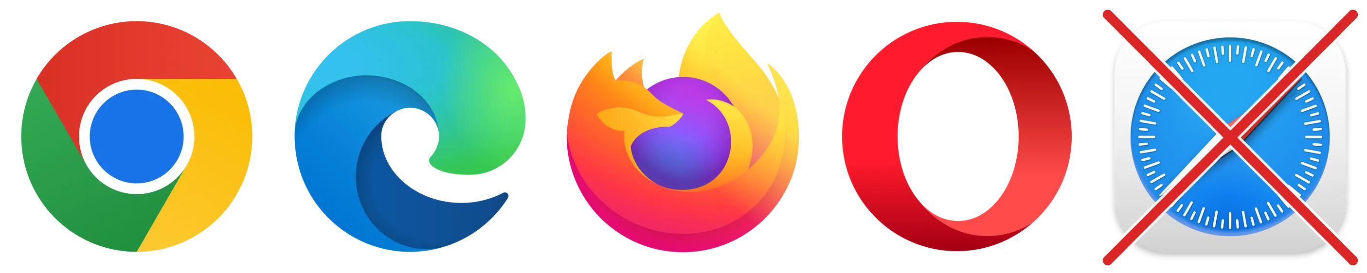 Logos of Chrome, Edge, Firefox, Opera and Safari on desktop, with Safari crossed out in red