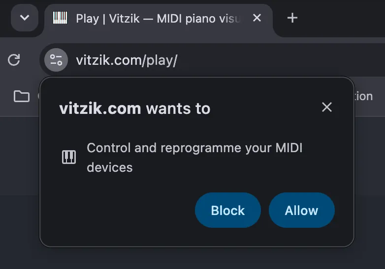 Chrome asking permission for vitzik.com to control and reprogramme your MIDI devices, with Block and Allow buttons