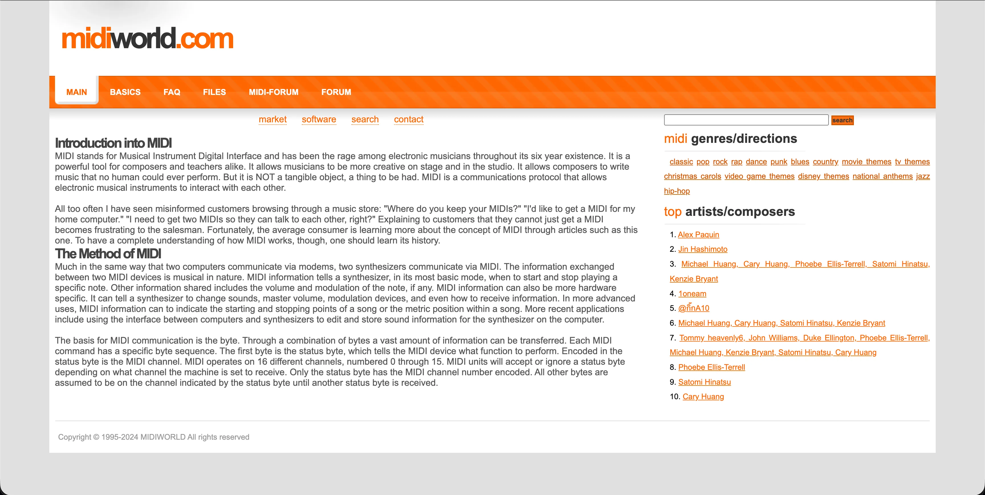 The midiworld.com homepage in orange and white, showing an article titled Introduction into MIDI beside a sidebar listing genres such as classic, pop, rock, movie themes and video game themes, and a top artists and composers list