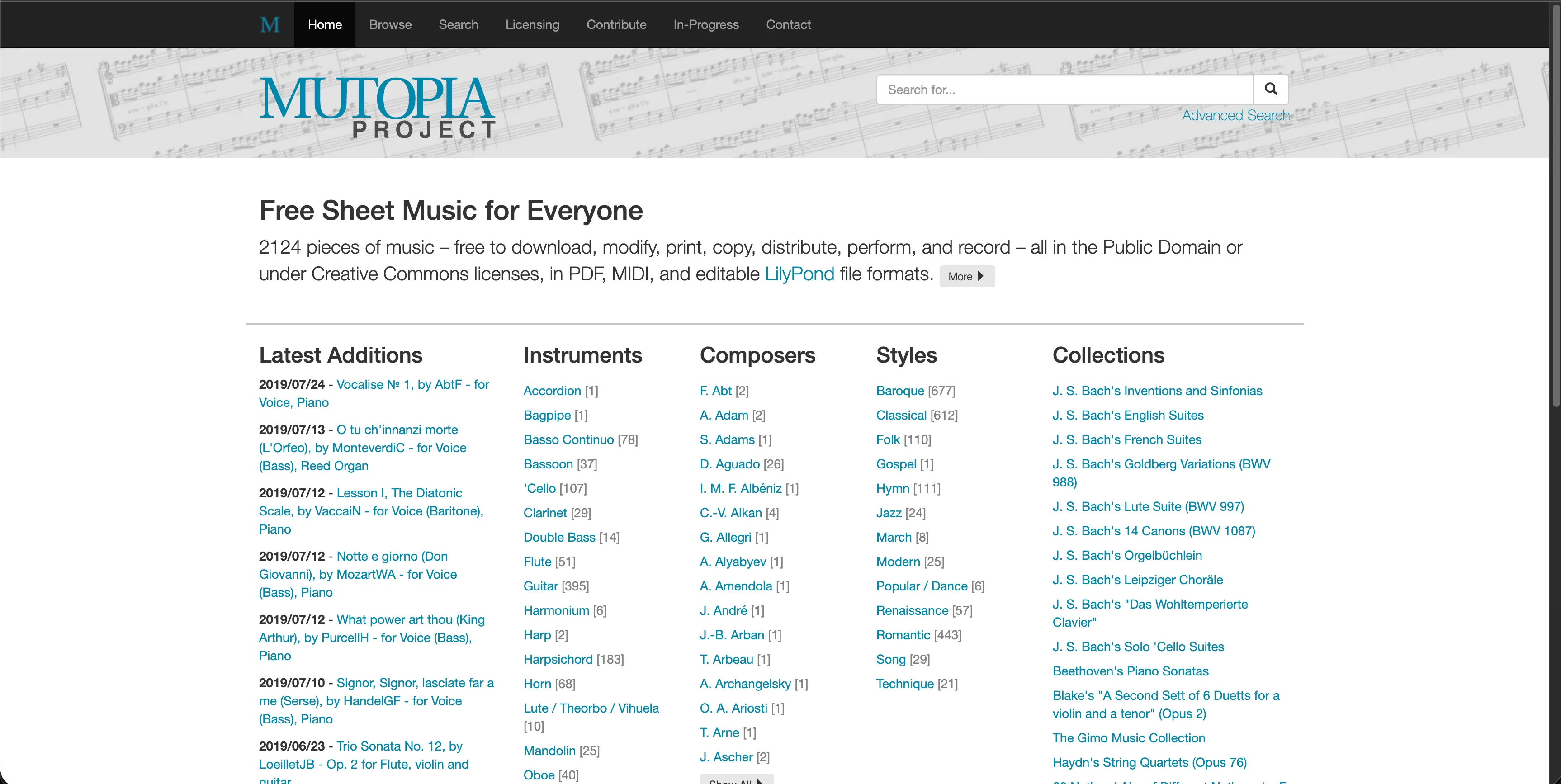 The Mutopia Project homepage, headed Free Sheet Music for Everyone, stating 2124 pieces of music free to download, modify, print, copy, distribute, perform and record, all public domain or Creative Commons, in PDF, MIDI and LilyPond formats, with columns browsing by instrument, composer and style
