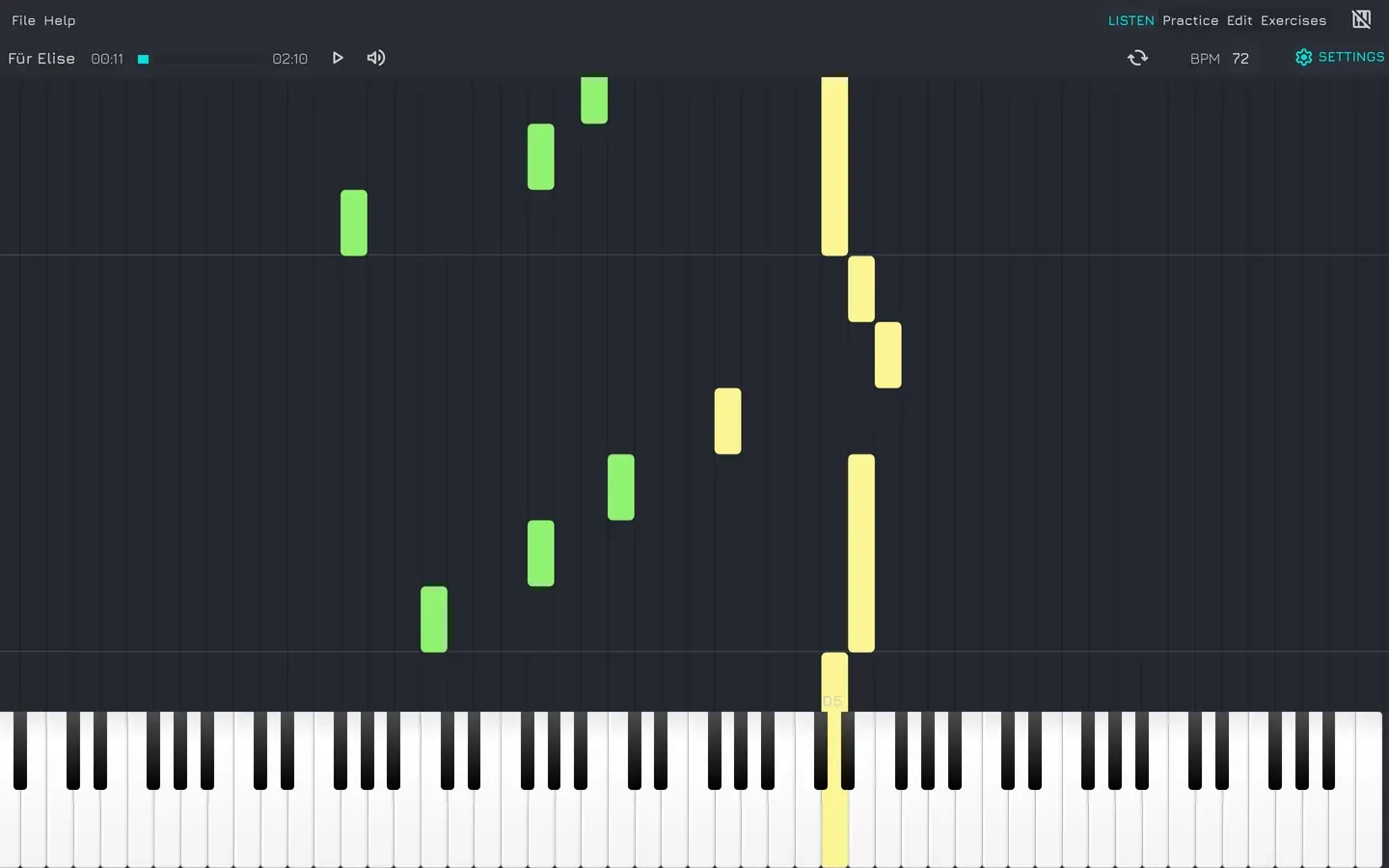 The Vitzik piano visualizer playing Für Elise: colored notes falling in time towards an 88-key piano roll