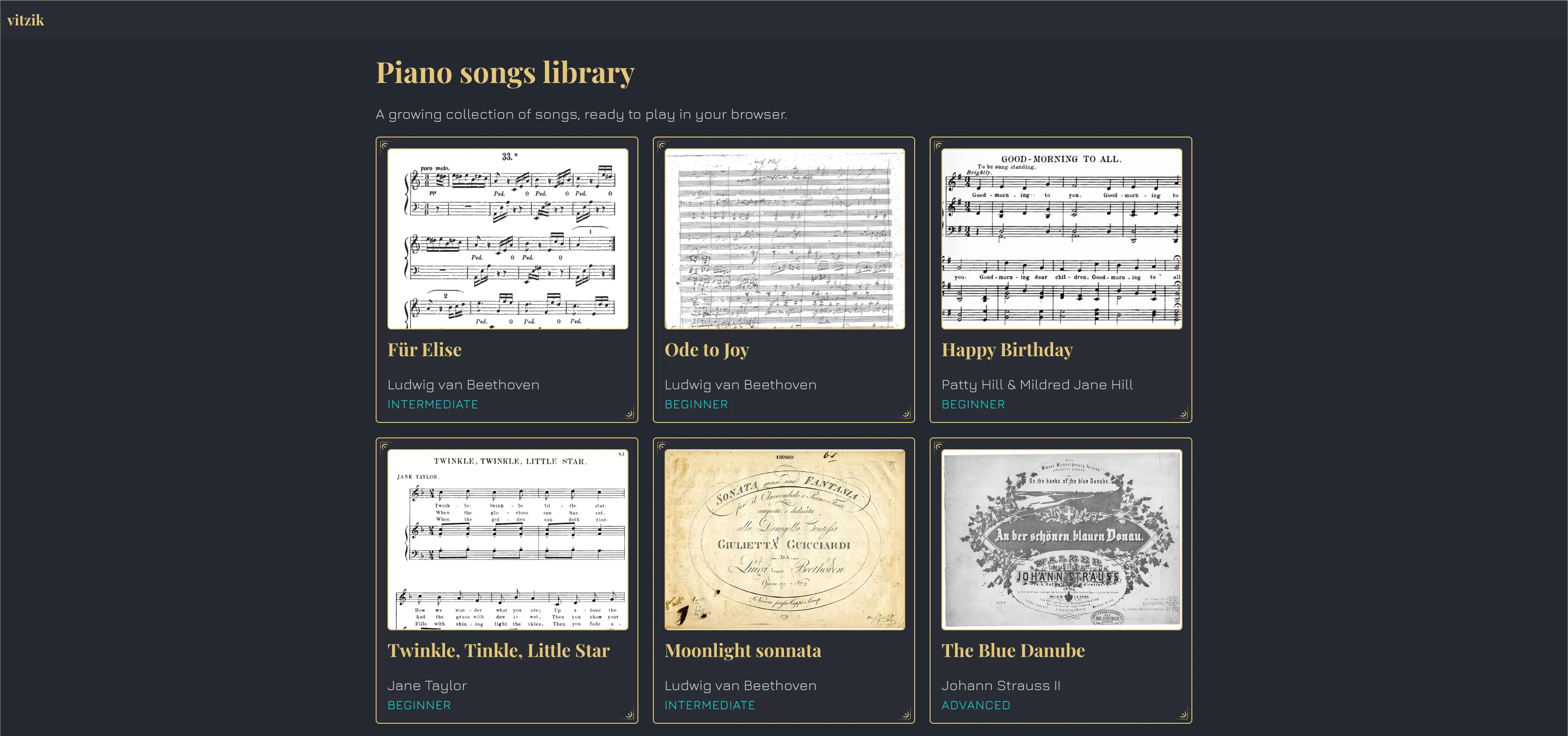 The Vitzik piano songs library, a grid of song cards each showing a historical score as its cover, the title, the composer and a difficulty label: Für Elise intermediate, Ode to Joy beginner, Happy Birthday beginner, Twinkle Twinkle Little Star beginner, Moonlight Sonata intermediate and The Blue Danube advanced