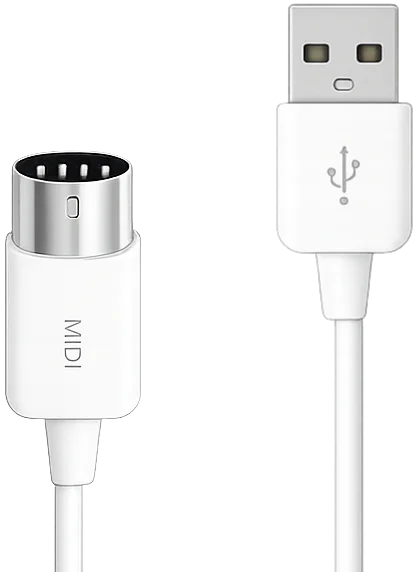 A MIDI cable and a USB cable, used to connect a MIDI keyboard to a computer