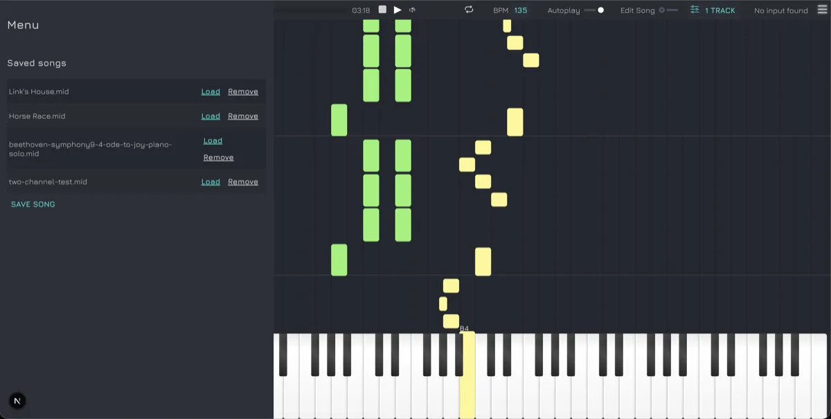 Screenshot of the Vitzik panel for saving and resuming a song