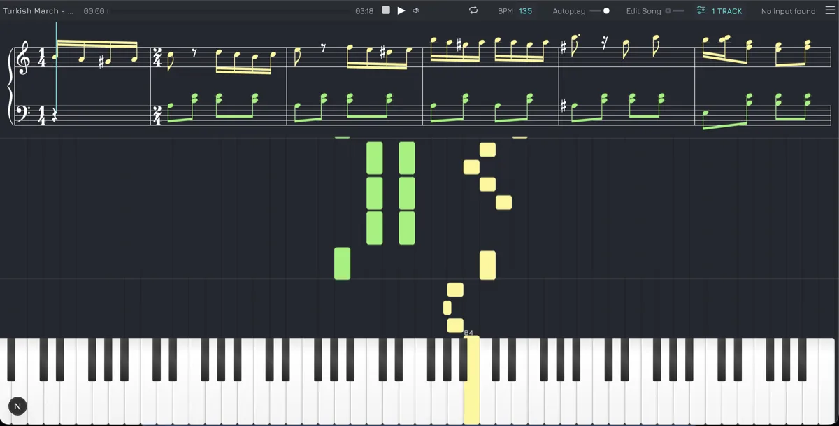 Screenshot of Vitzik rendering sheet music in real time alongside the piano roll