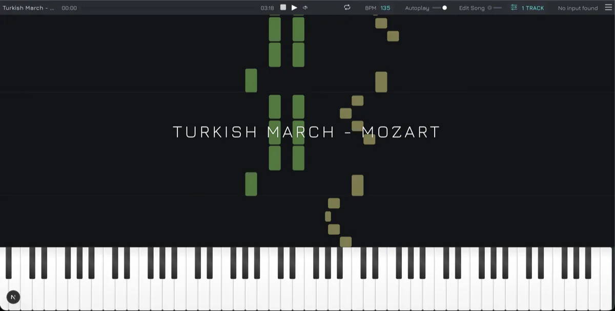 Screenshot of the Vitzik MIDI visualizer, showing colored notes falling toward a piano keyboard in sync with the song